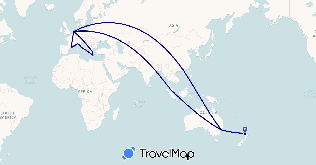 TravelMap itinerary: driving in Australia, China, Spain, France, Greece, Italy, Malaysia, Netherlands, New Zealand (Asia, Europe, Oceania)